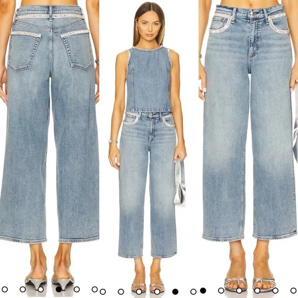 Rag & Bone Andi Embellished Ankle-Length Wide-Leg Jeans in Pacific With Jewel - Picture 1 of 16